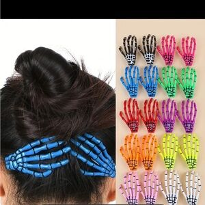 pair of blue and black Halloween skeleton hand bones hair pins clips for girls